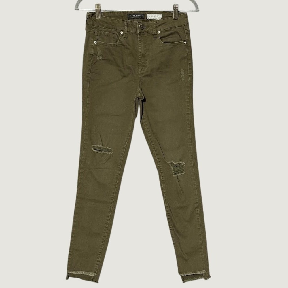 33-Aeropostale Jeans Wmns 6 Olive Green High Waisted Jegging Distressed Raw Hem